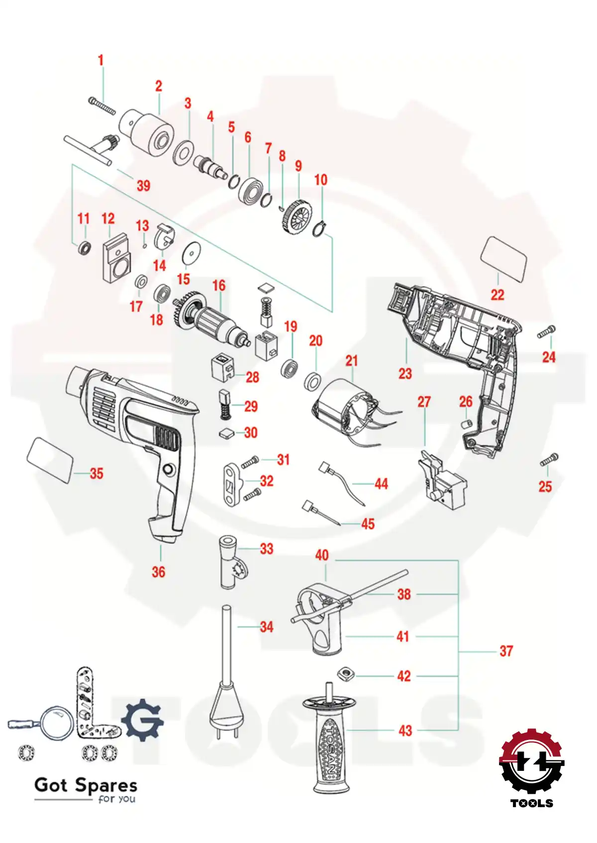 نقشه انفجاری و راهنمای خرید قطعات دریل چکشی توسن مدل 0022D